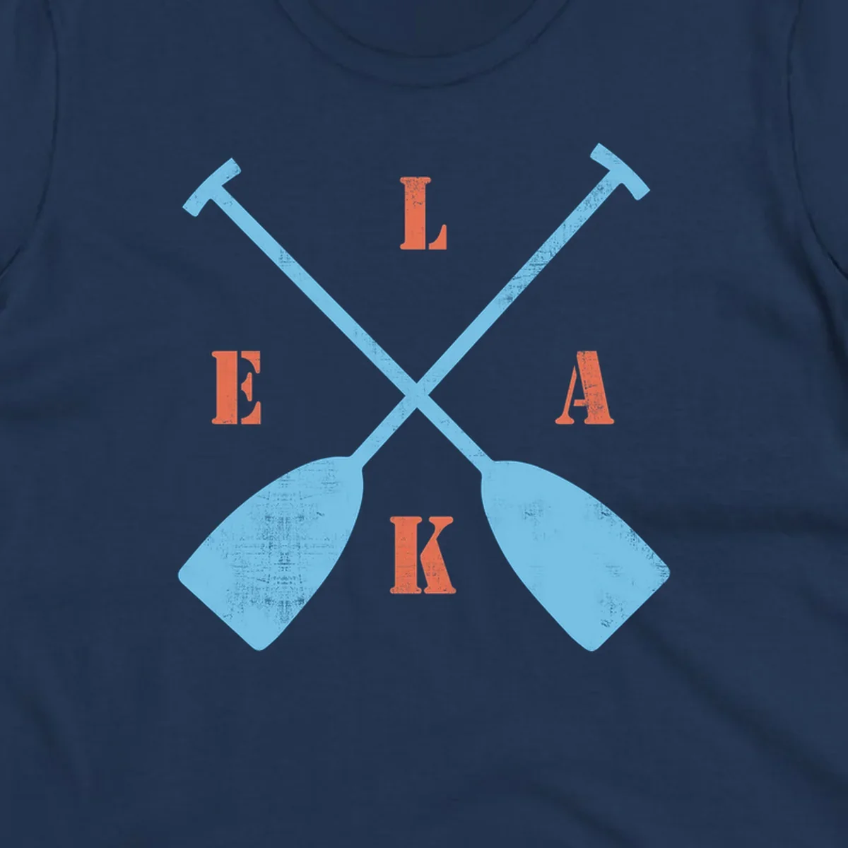 Crossed kayak paddles with letters spelling LAKE, representing lake-kayak-life.