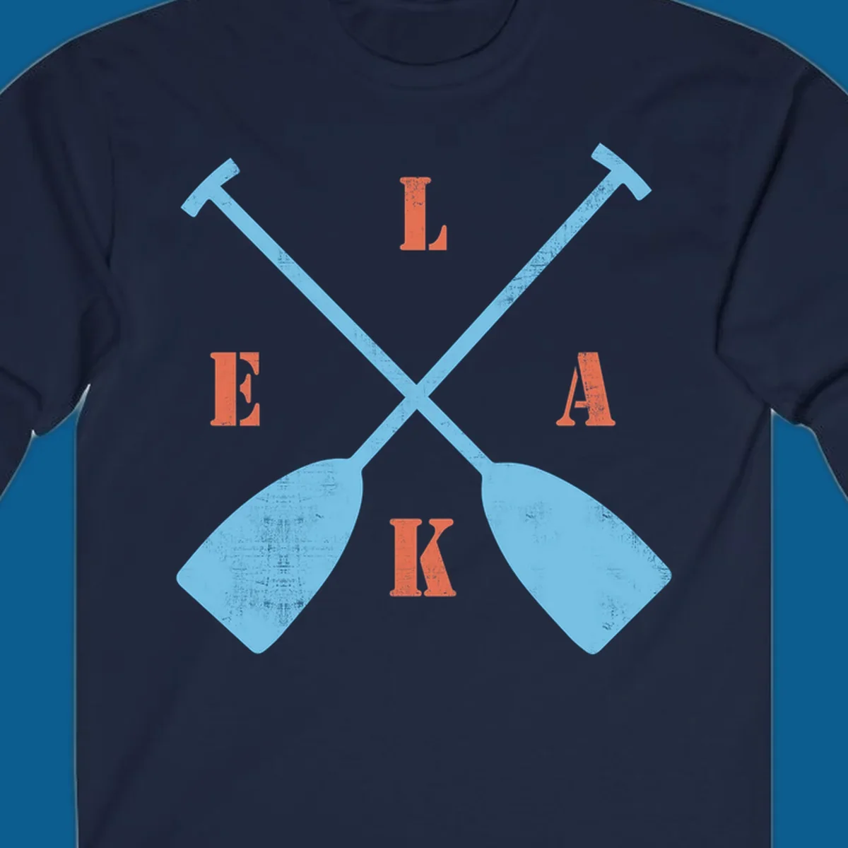 Crossed kayak paddles with letters spelling LAKE, representing lake-kayak-life.