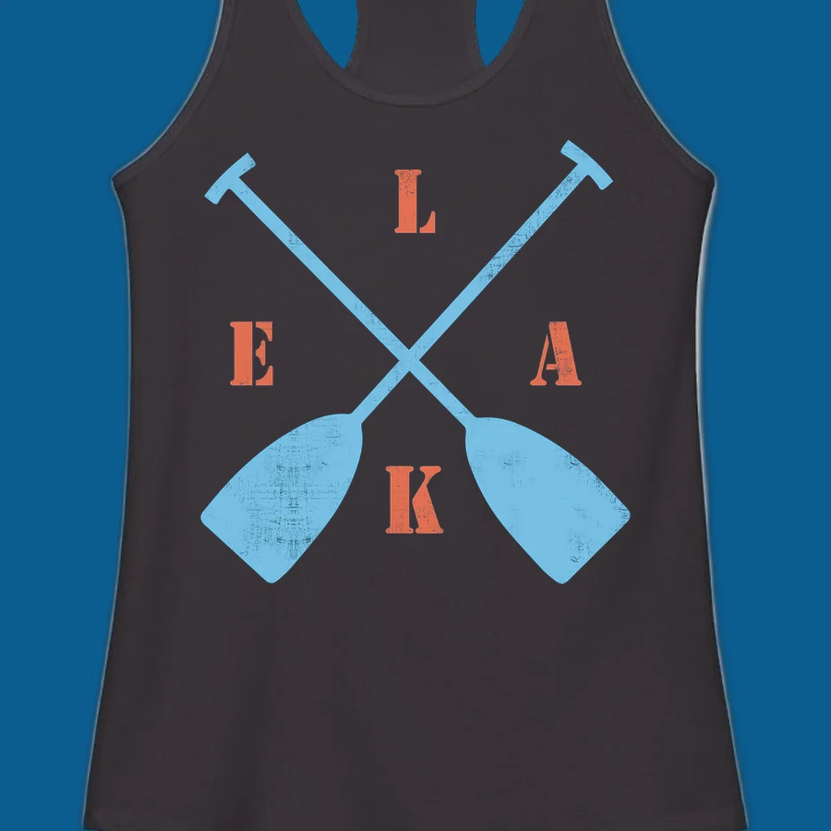 Crossed kayak paddles with letters spelling LAKE, representing lake-kayak-life.