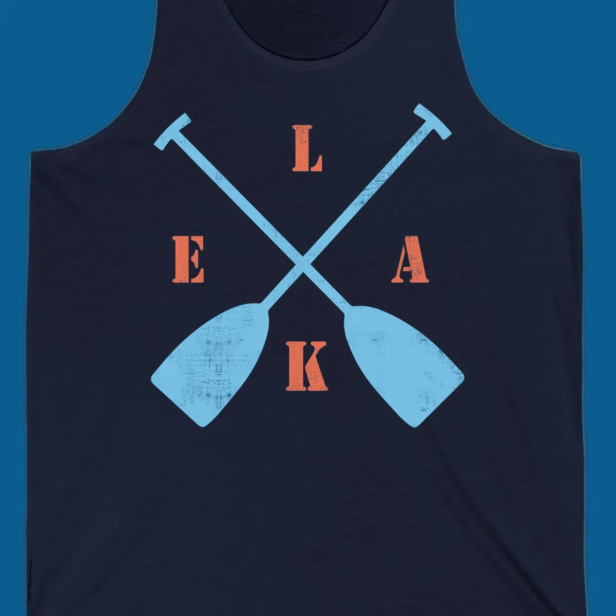Crossed kayak paddles with letters spelling LAKE, representing lake-kayak-life.