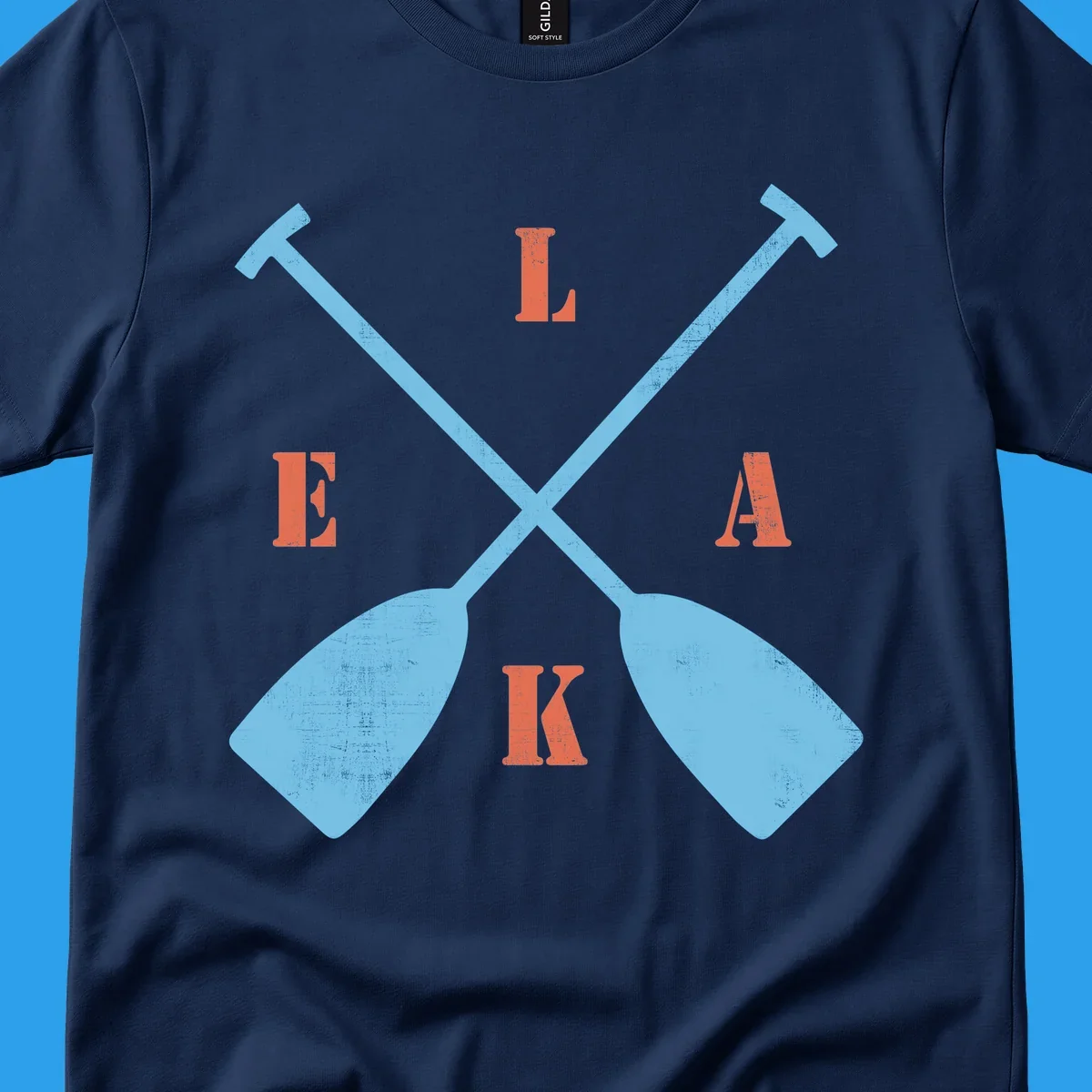 Crossed kayak paddles with letters spelling LAKE, representing lake-kayak-life.
