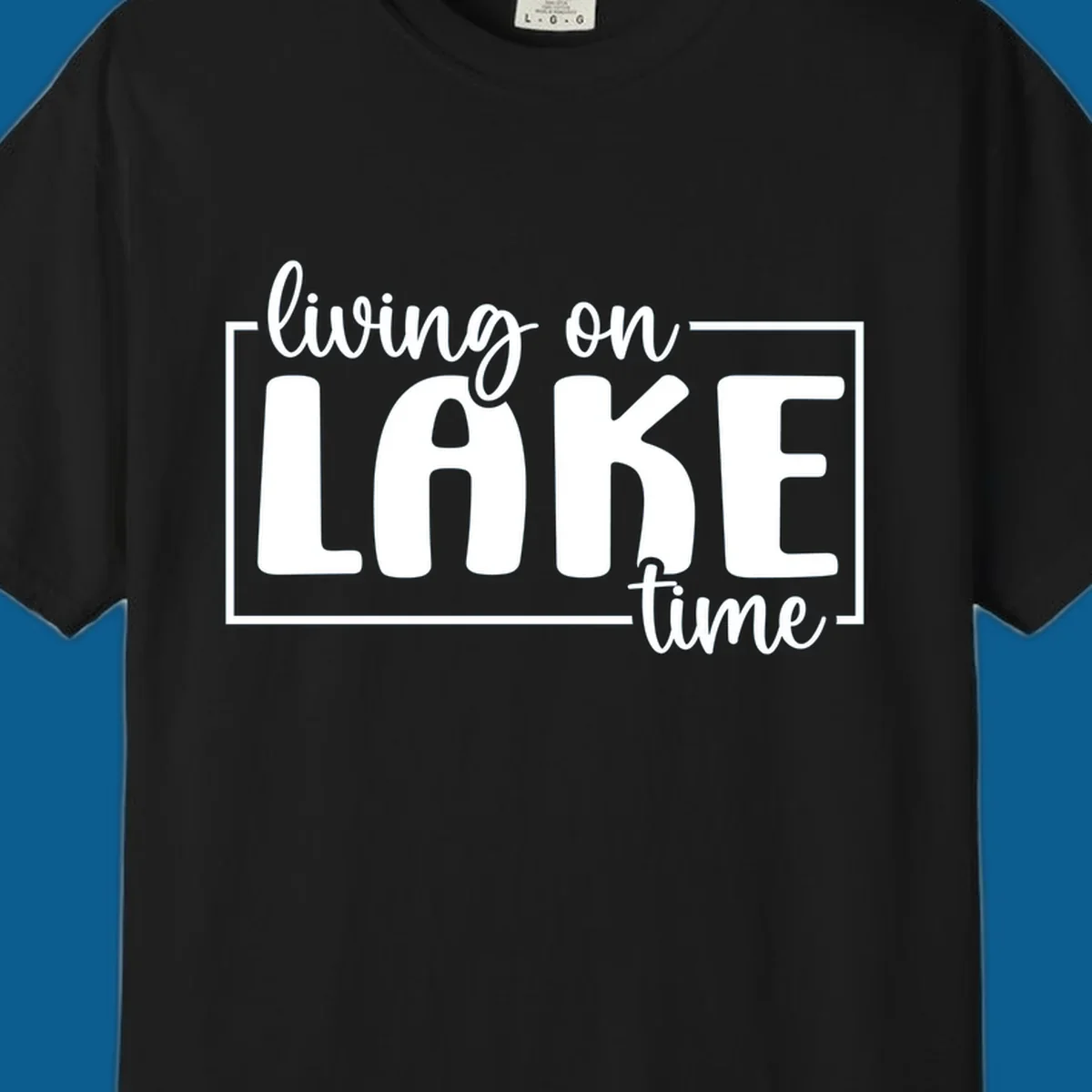 Living on lake time typography design with white text on dark background.