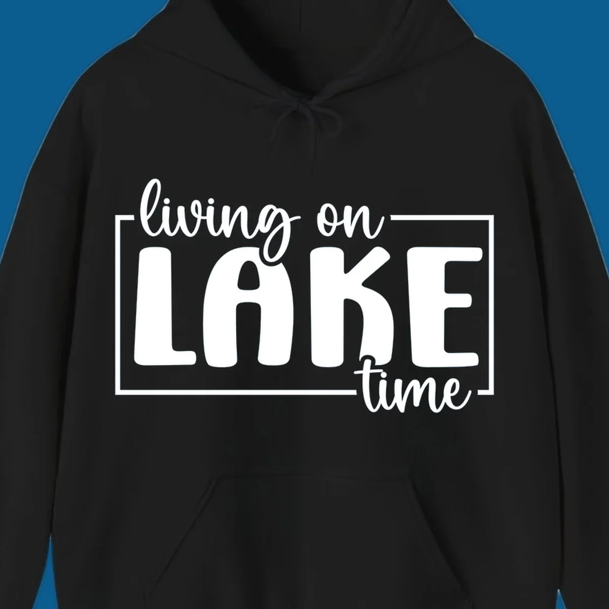 Living on lake time typography design with white text on dark background.