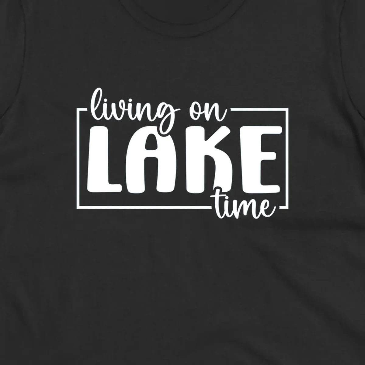 Living on lake time typography design with white text on dark background.