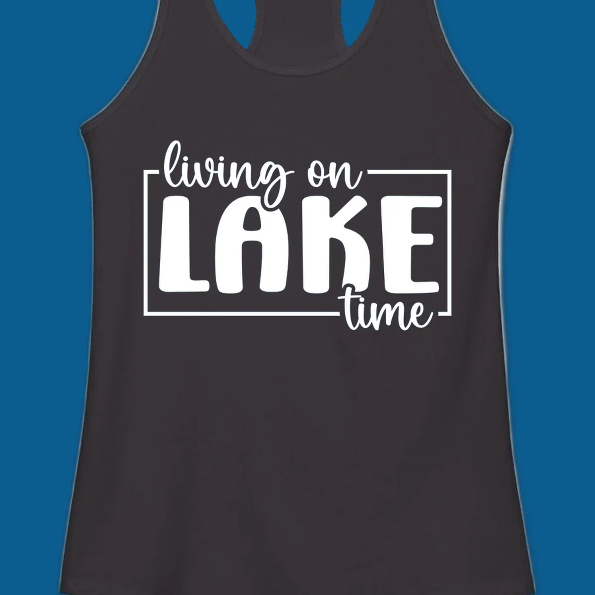 Living on lake time typography design with white text on dark background.