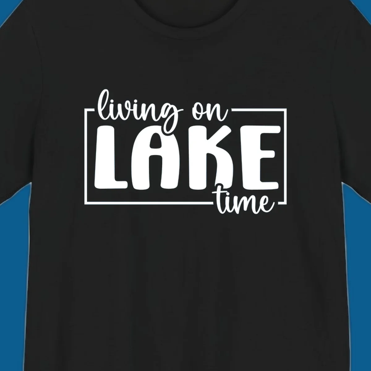 Living on lake time typography design with white text on dark background.