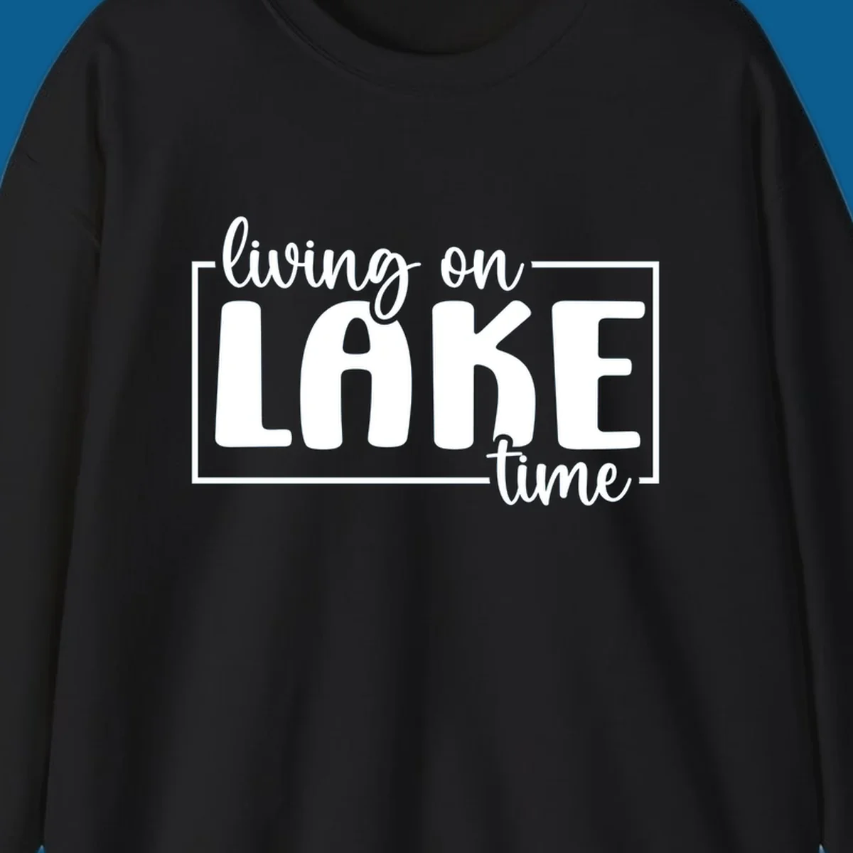 Living on lake time typography design with white text on dark background.