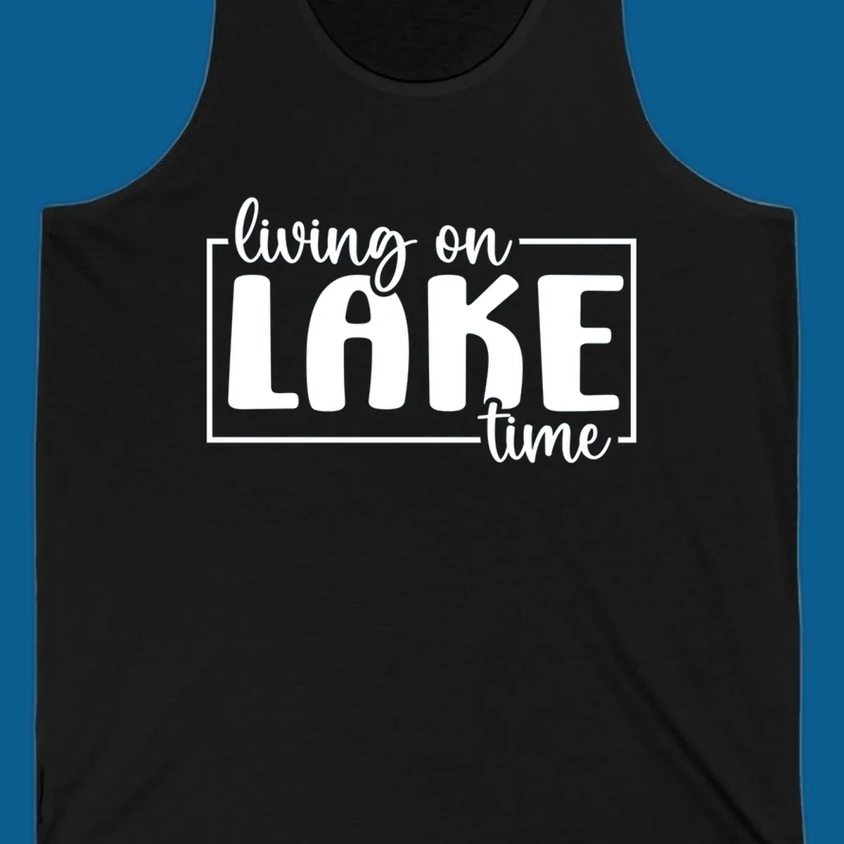 Living on lake time typography design with white text on dark background.