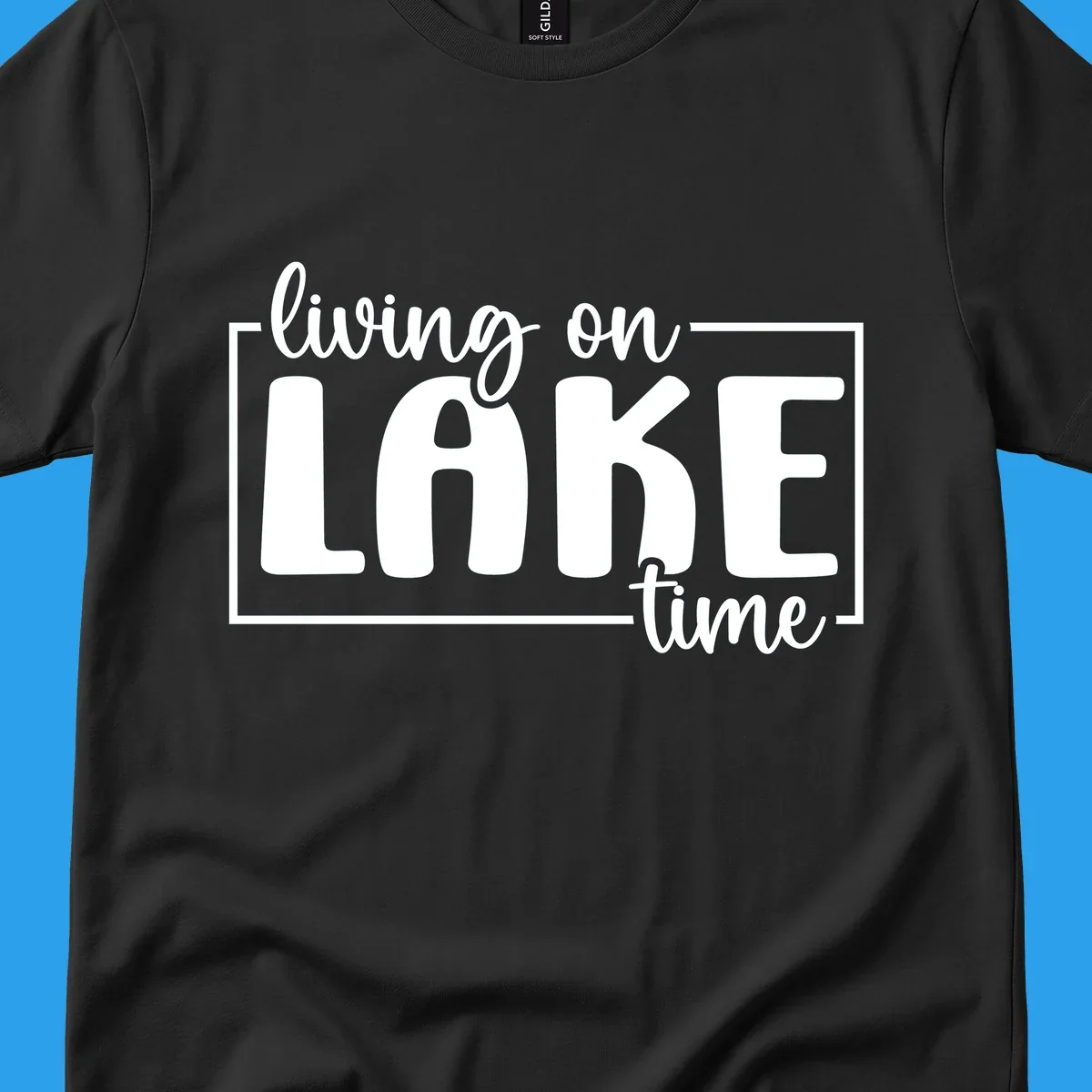 Living on lake time typography design with white text on dark background.