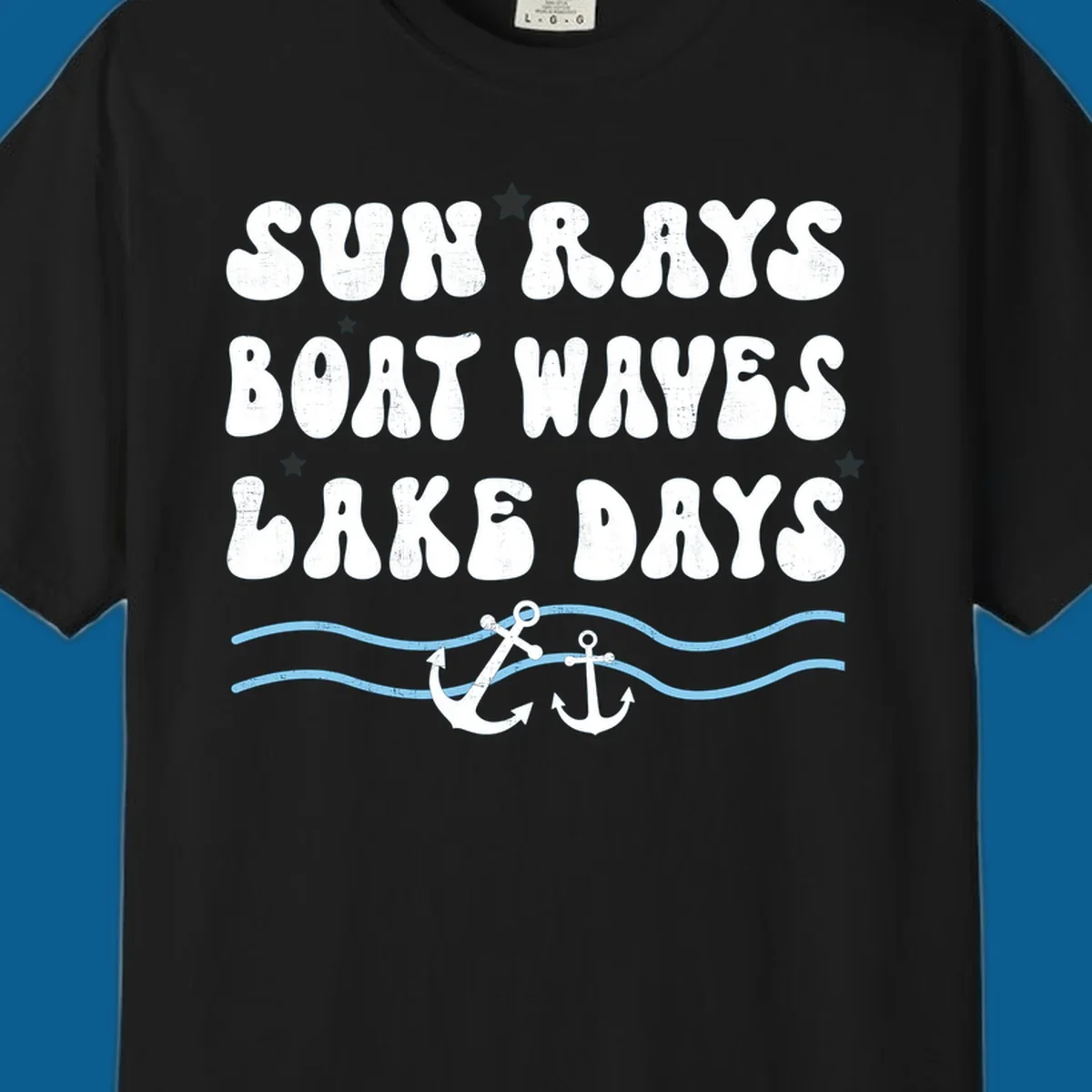 Lake life vibes text with sun rays, boat waves, lake days, anchors, and waves.