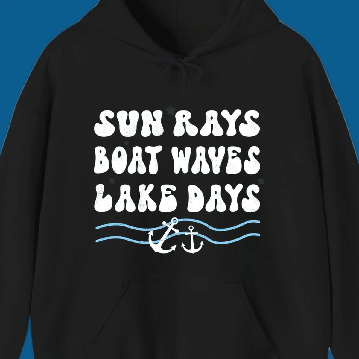 Lake life vibes text with sun rays, boat waves, lake days, anchors, and waves.