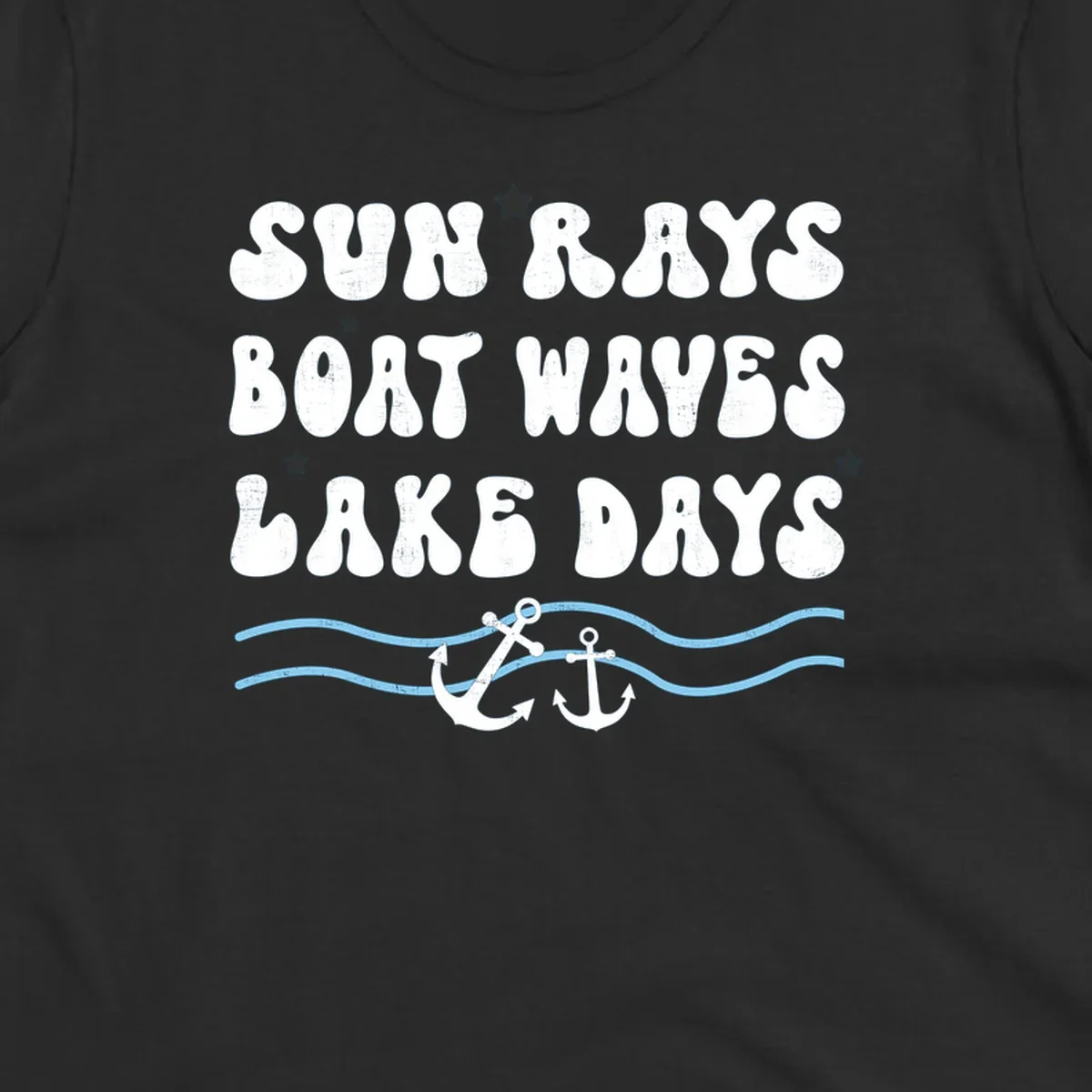 Lake life vibes text with sun rays, boat waves, lake days, anchors, and waves.