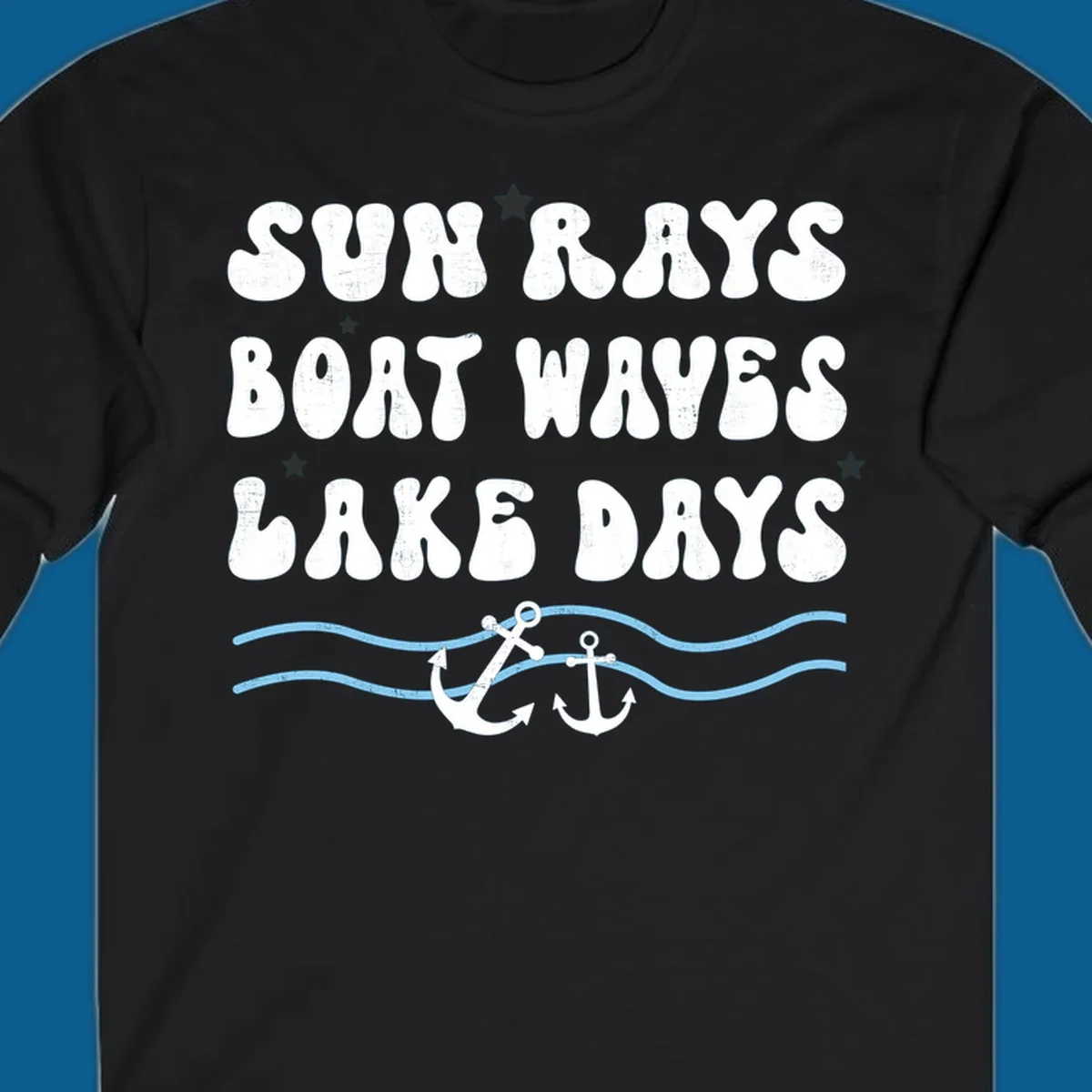 Lake life vibes text with sun rays, boat waves, lake days, anchors, and waves.