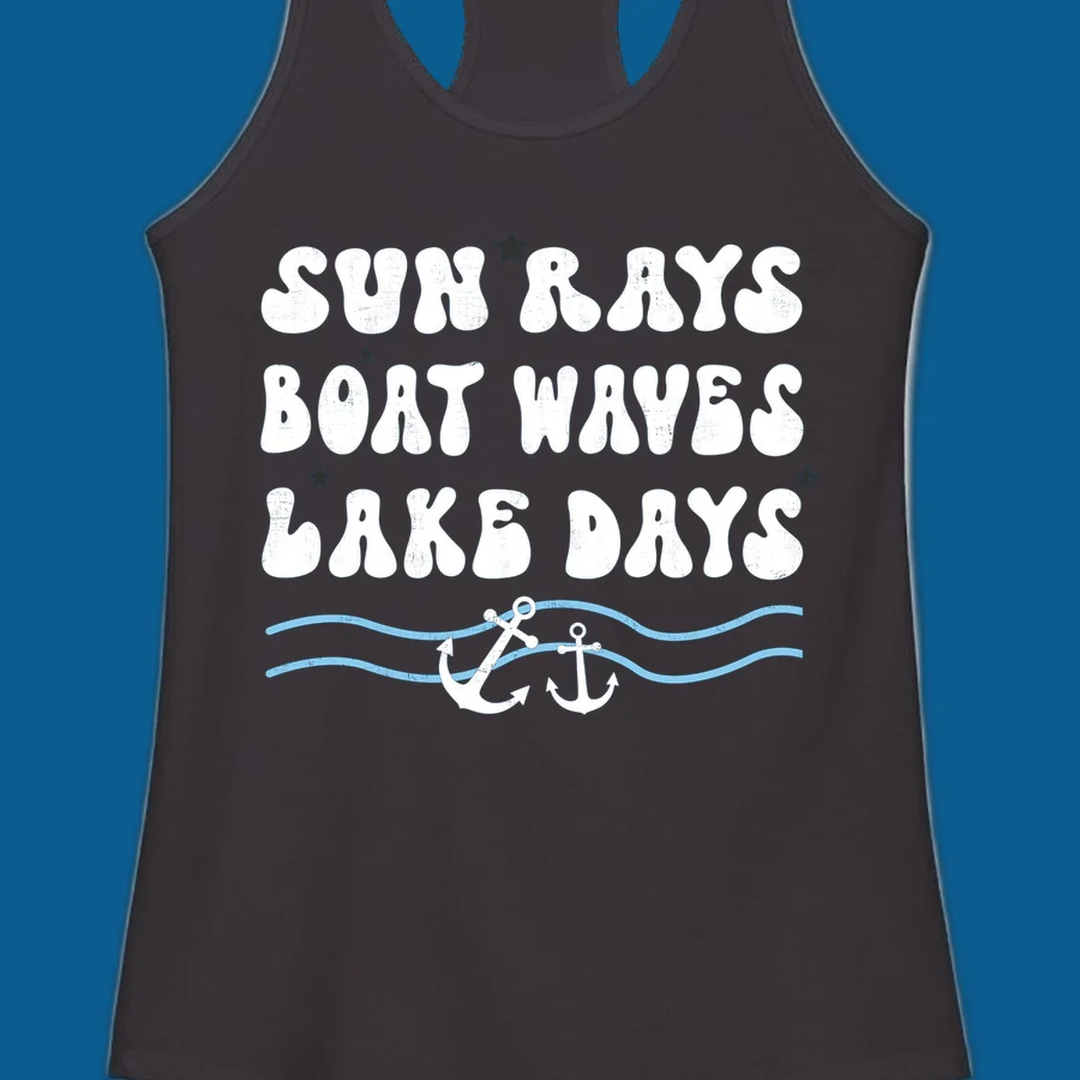 Lake life vibes text with sun rays, boat waves, lake days, anchors, and waves.