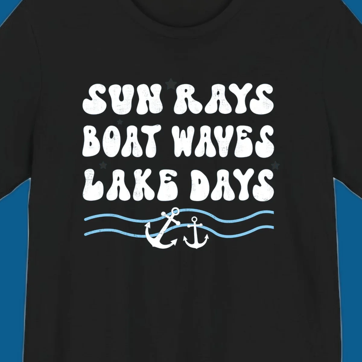 Lake life vibes text with sun rays, boat waves, lake days, anchors, and waves.