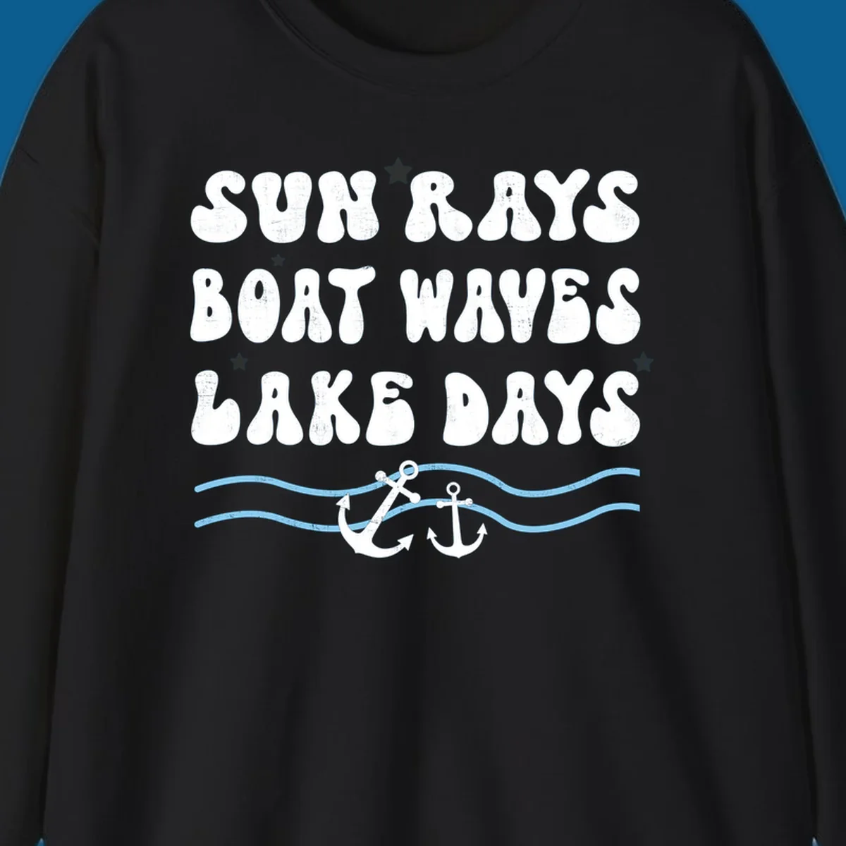 Lake life vibes text with sun rays, boat waves, lake days, anchors, and waves.