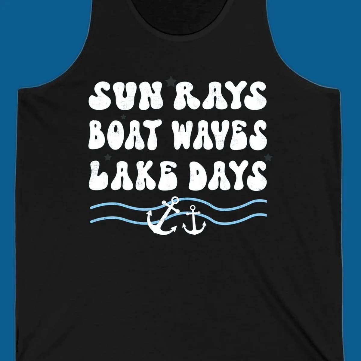 Lake life vibes text with sun rays, boat waves, lake days, anchors, and waves.