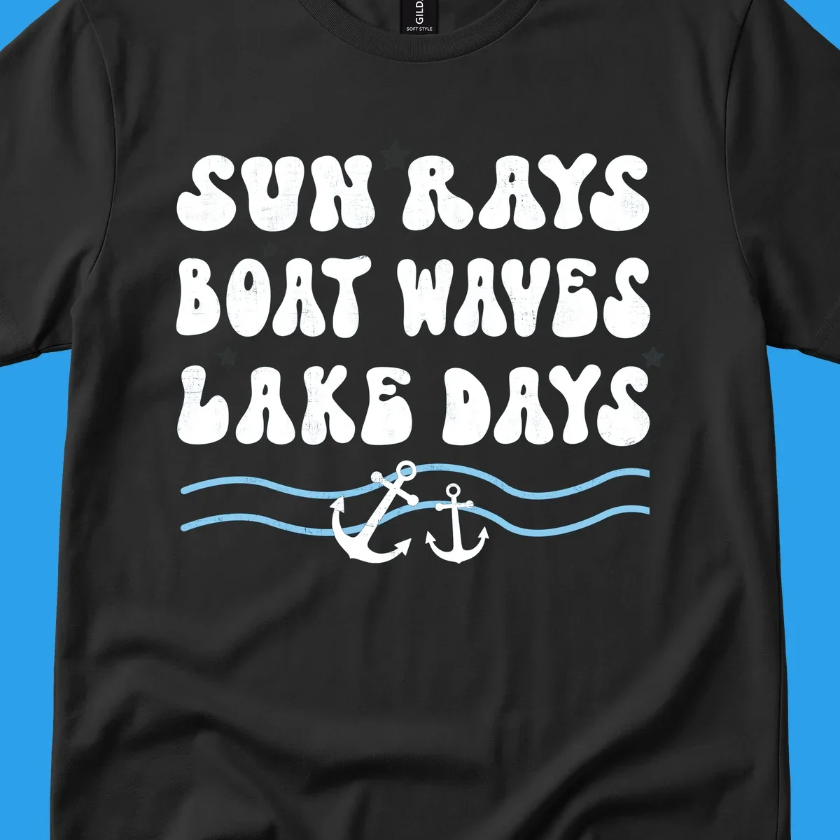 Lake life vibes text with sun rays, boat waves, lake days, anchors, and waves.