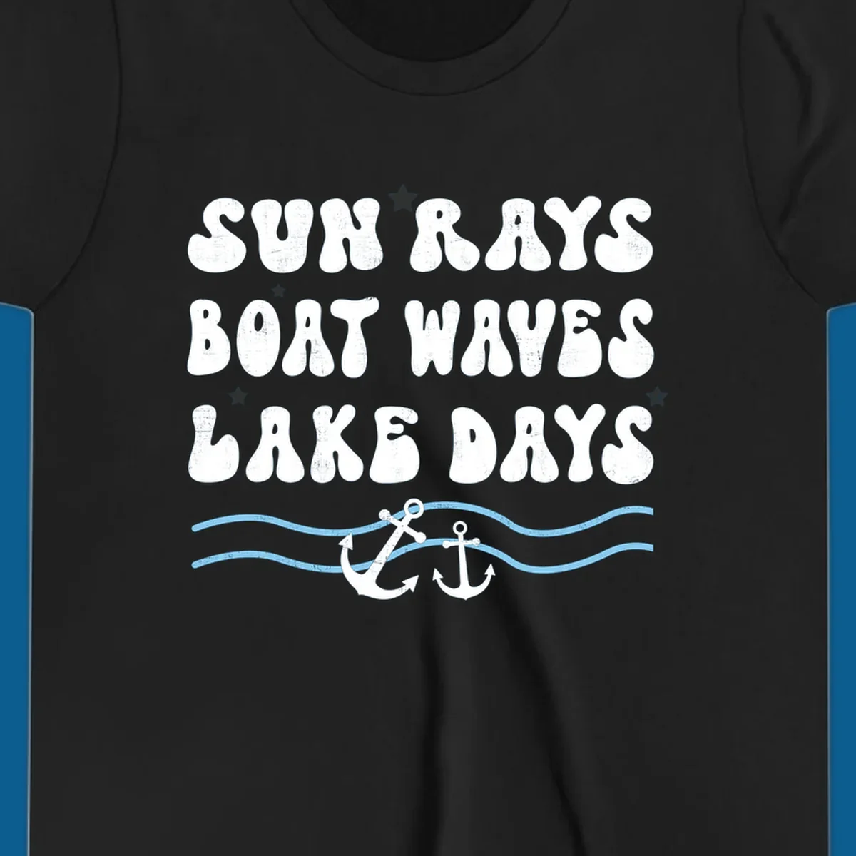 Lake life vibes text with sun rays, boat waves, lake days, anchors, and waves.