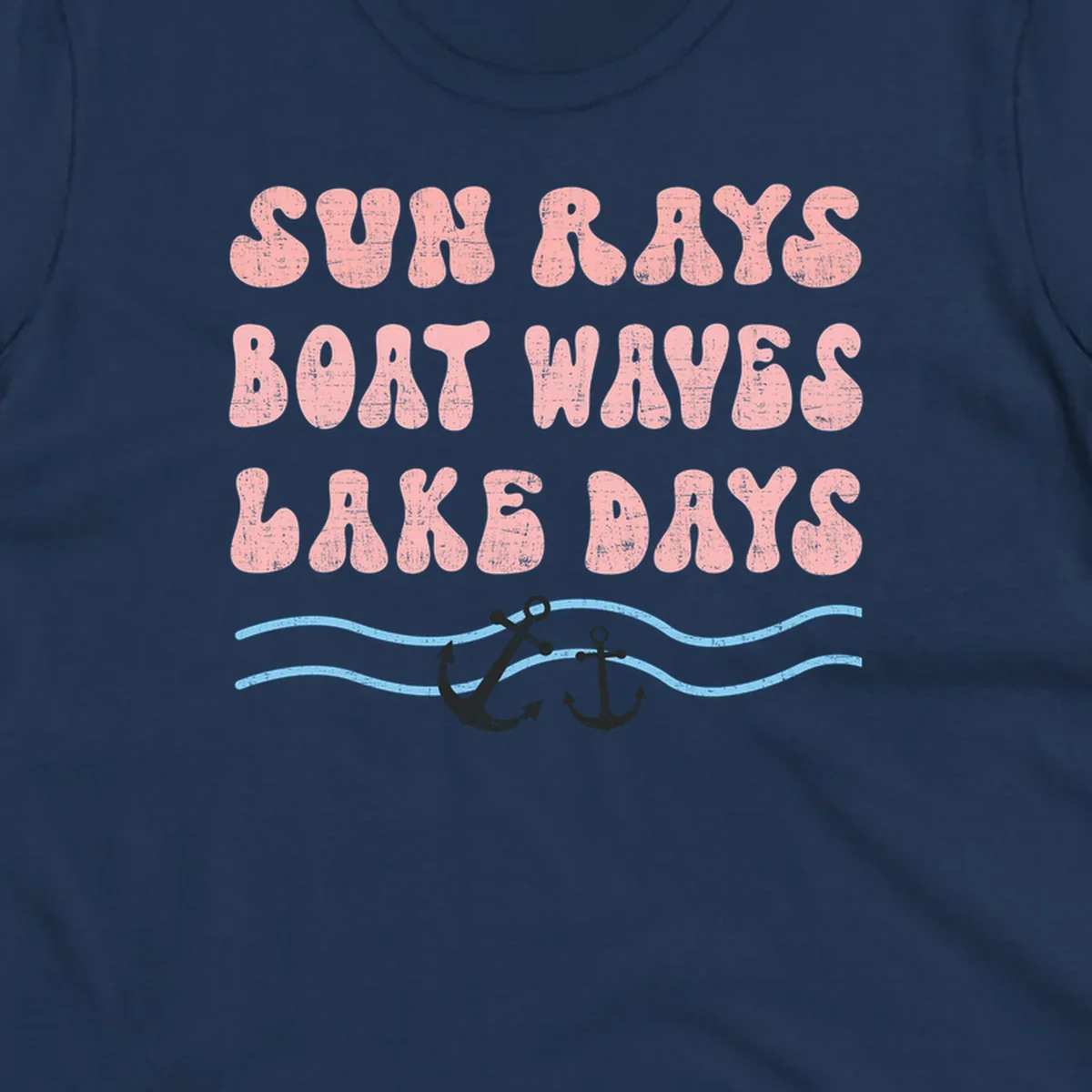Lake days boat waves sun rays text with anchors and waves.