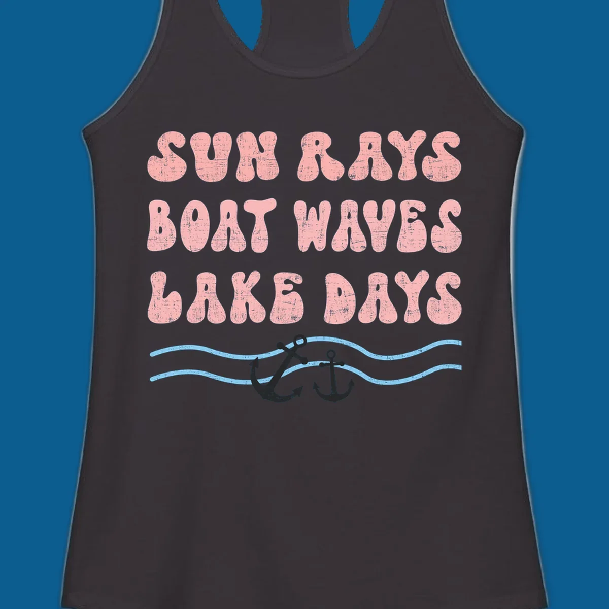 Lake days boat waves sun rays text with anchors and waves.