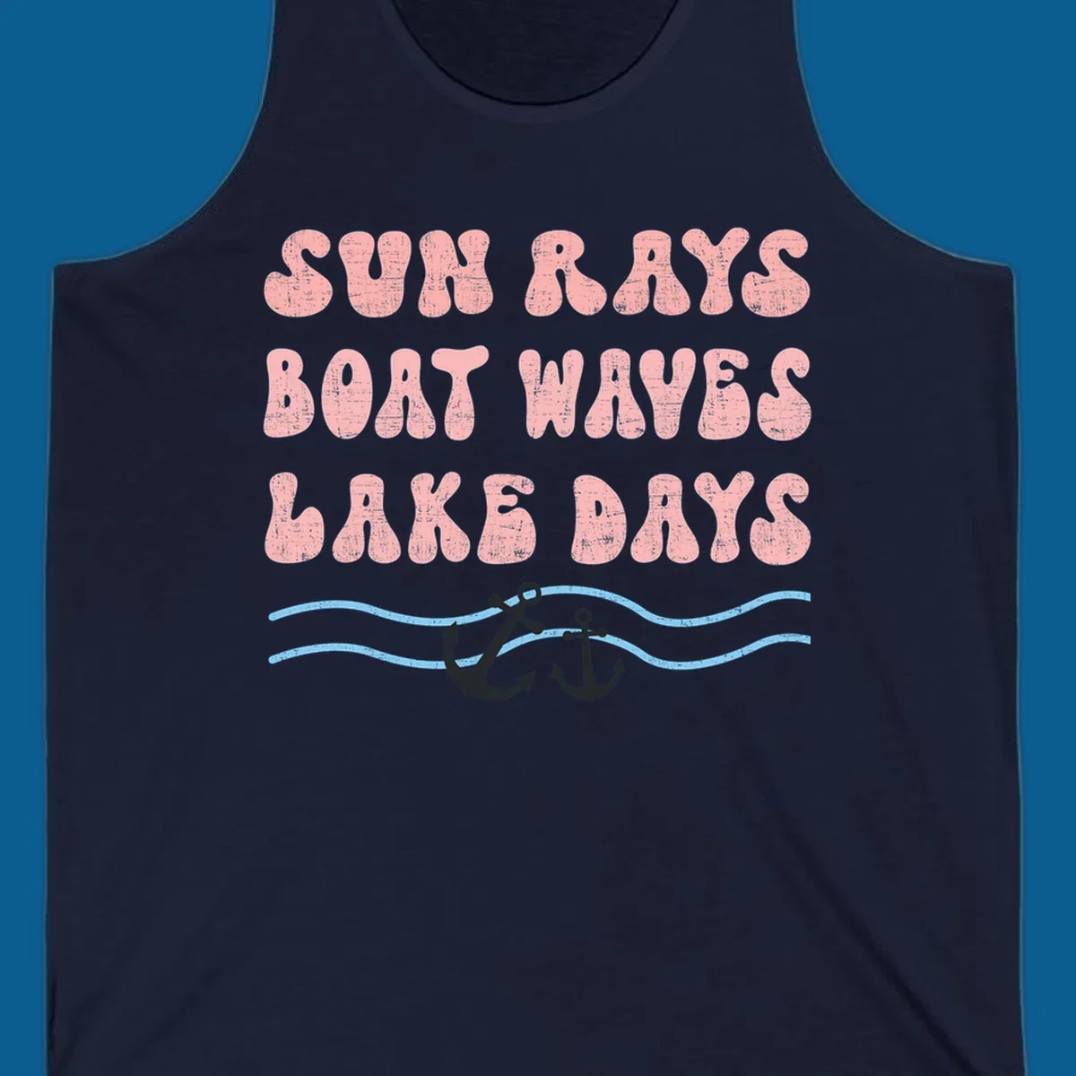 Lake days boat waves sun rays text with anchors and waves.
