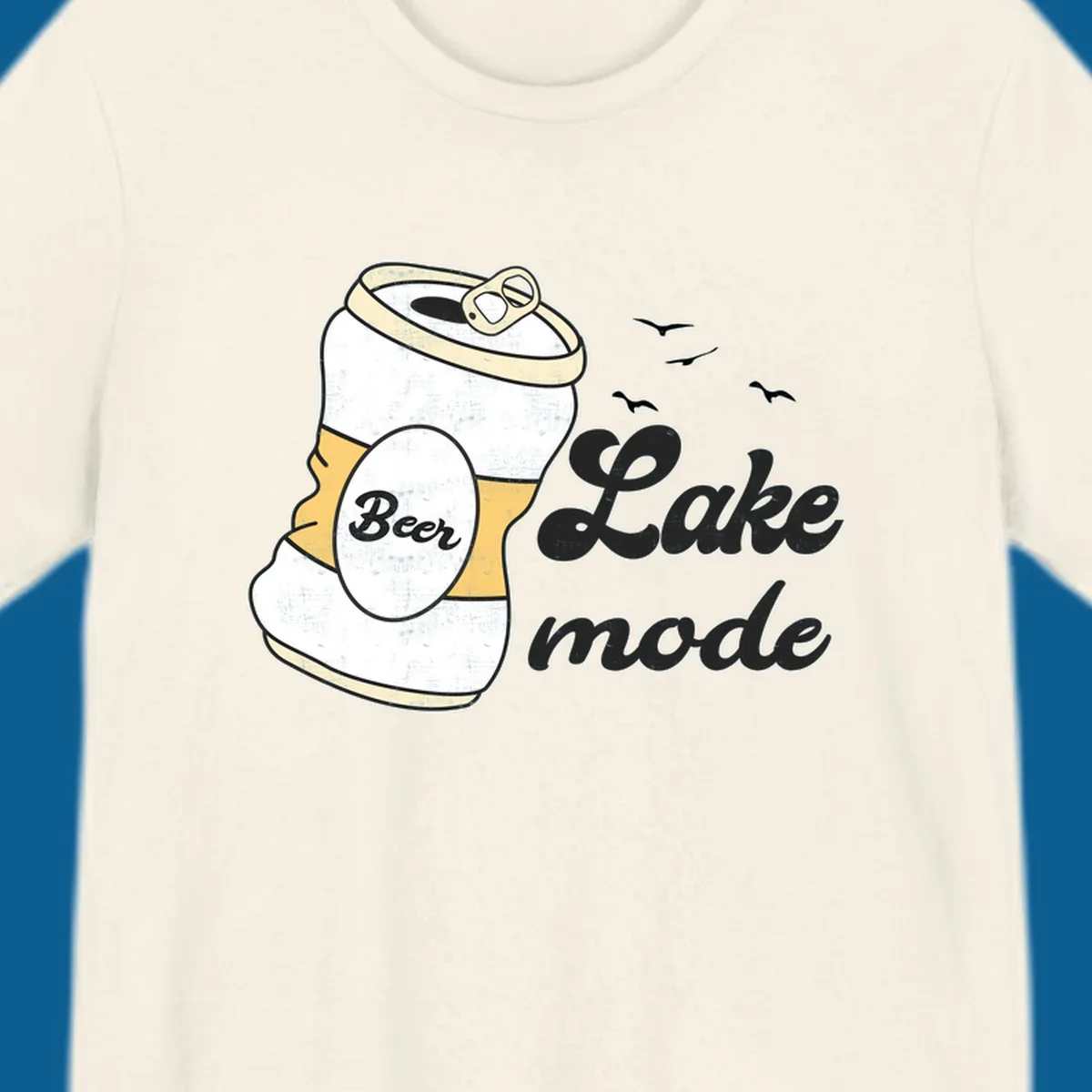 Crushed beer can and 'Lake mode' text with birds, lake-mode-beer concept