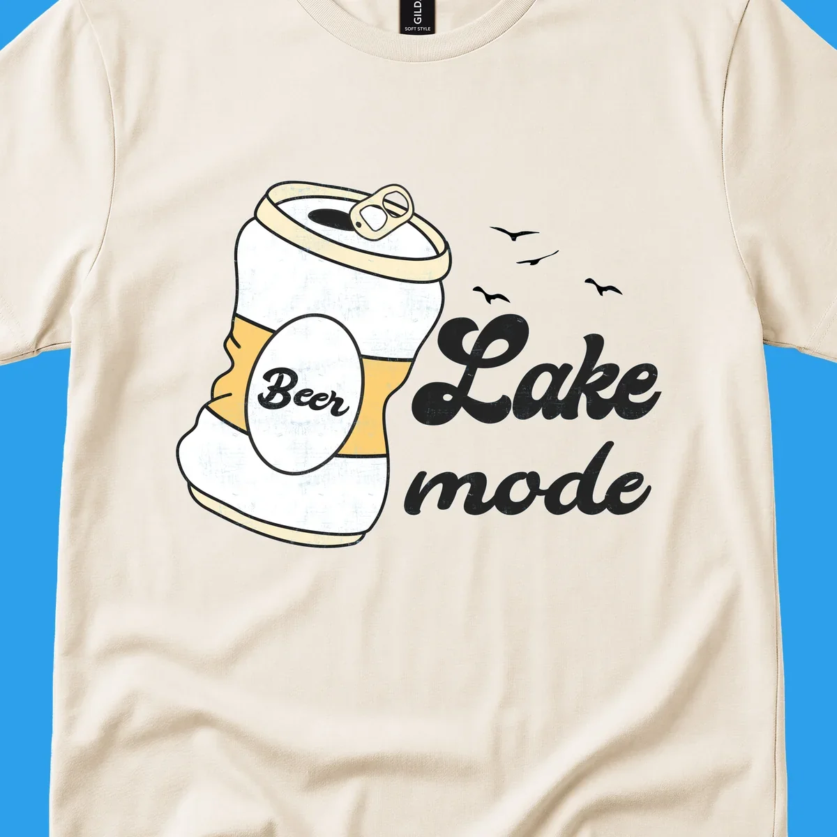 Crushed beer can and 'Lake mode' text with birds, lake-mode-beer concept