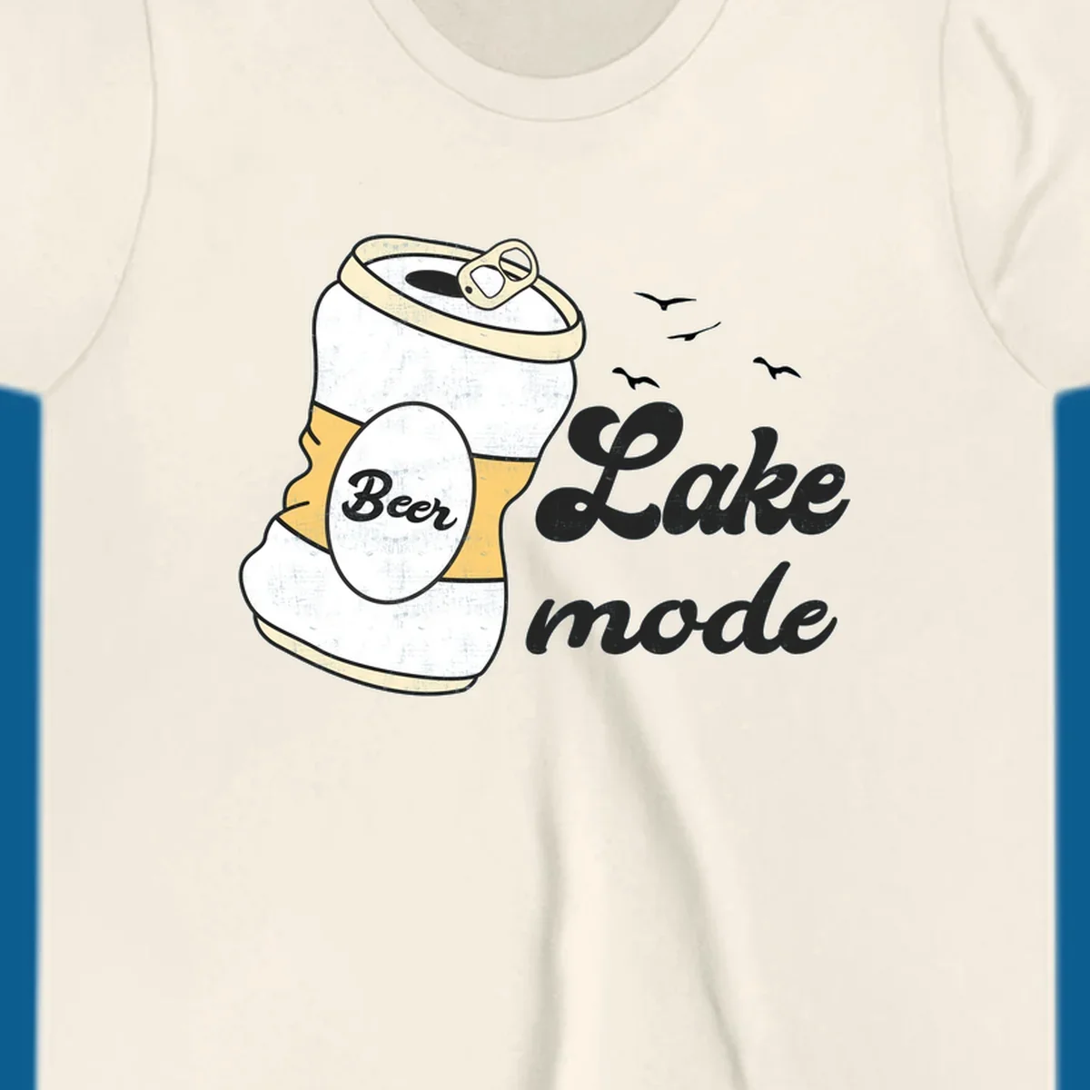 Crushed beer can and 'Lake mode' text with birds, lake-mode-beer concept