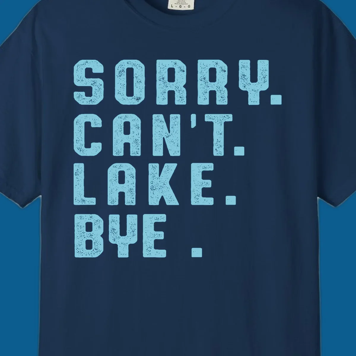 Text art with 'SORRY. CAN'T. LAKE. BYE.' in distressed light blue font, representing the lake-life-bye concept.