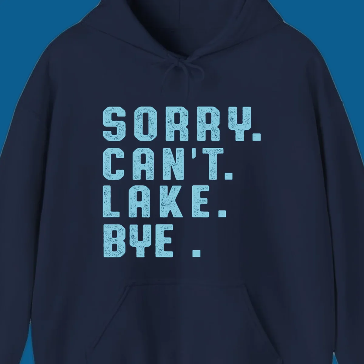 Text art with 'SORRY. CAN'T. LAKE. BYE.' in distressed light blue font, representing the lake-life-bye concept.
