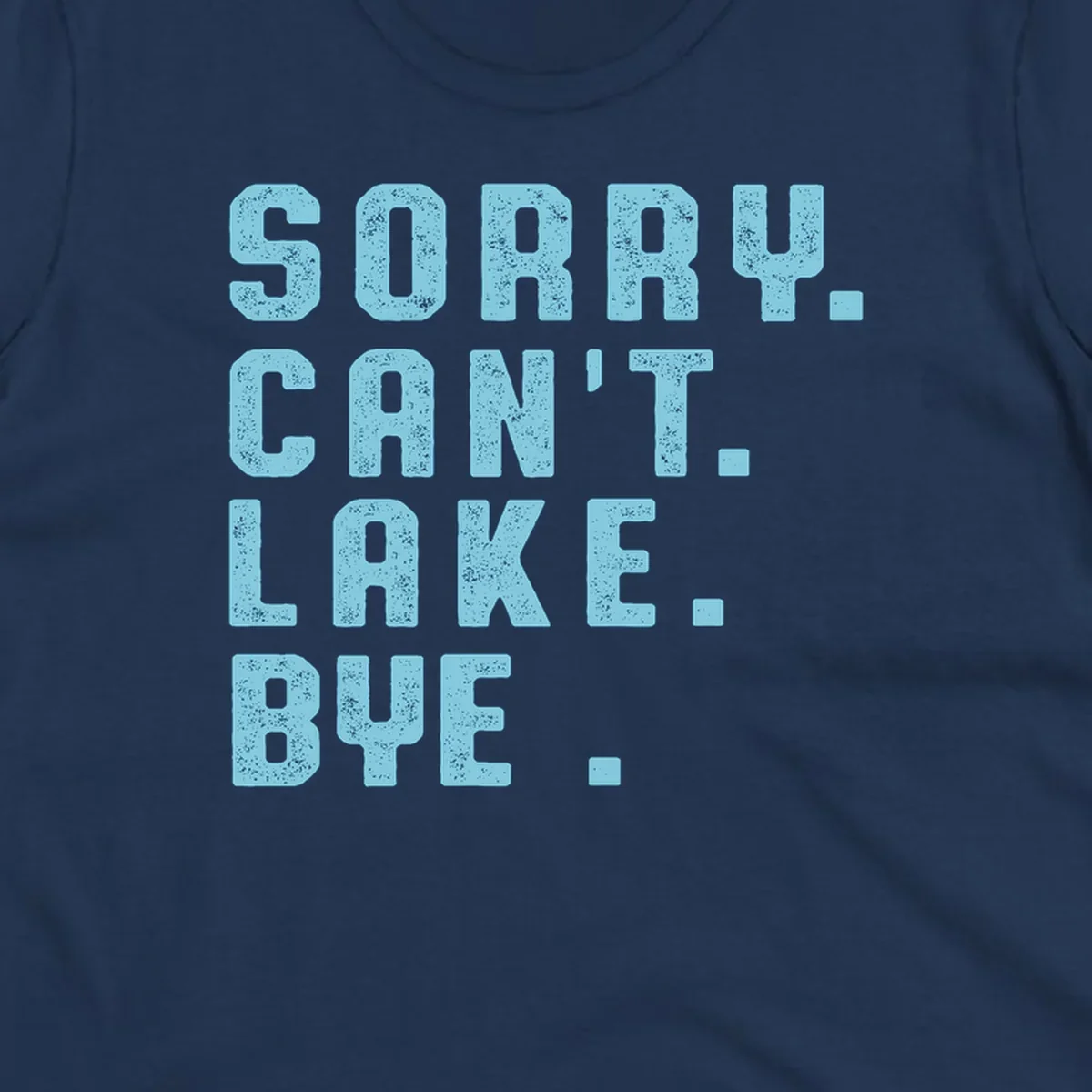 Text art with 'SORRY. CAN'T. LAKE. BYE.' in distressed light blue font, representing the lake-life-bye concept.
