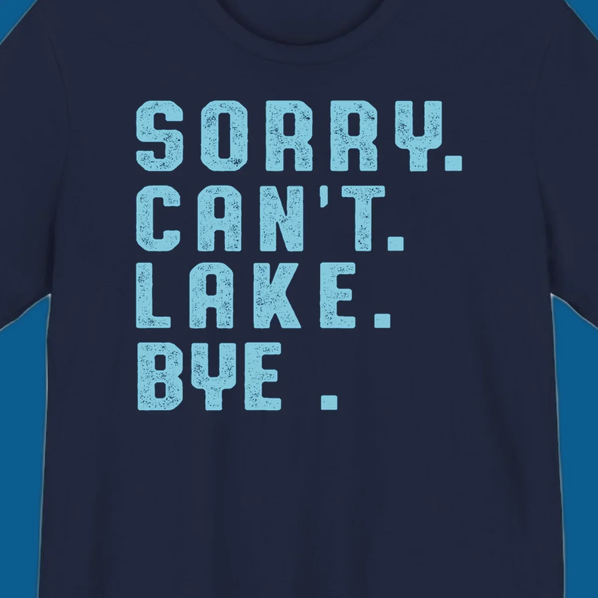 Text art with 'SORRY. CAN'T. LAKE. BYE.' in distressed light blue font, representing the lake-life-bye concept.