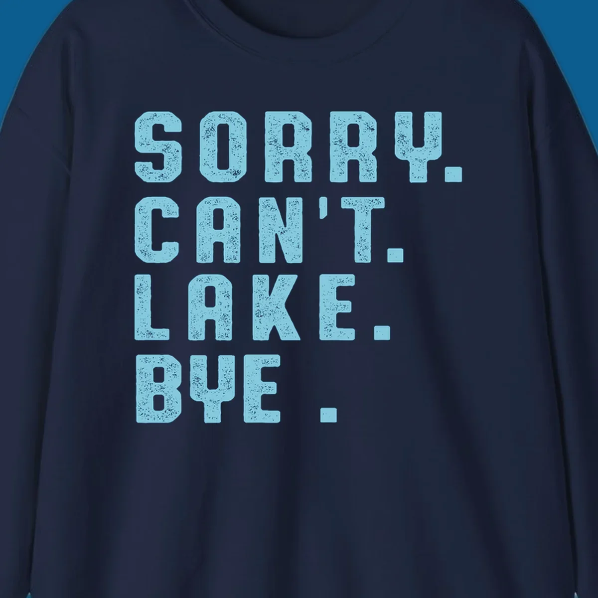 Text art with 'SORRY. CAN'T. LAKE. BYE.' in distressed light blue font, representing the lake-life-bye concept.