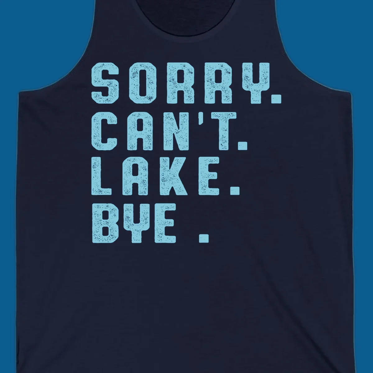 Text art with 'SORRY. CAN'T. LAKE. BYE.' in distressed light blue font, representing the lake-life-bye concept.