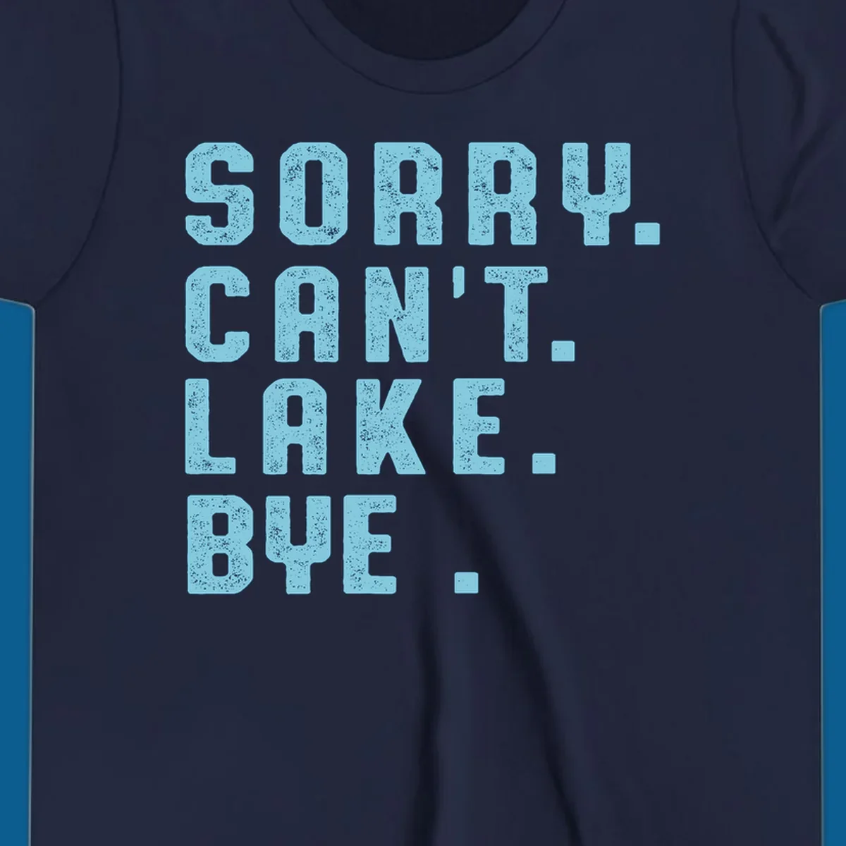 Text art with 'SORRY. CAN'T. LAKE. BYE.' in distressed light blue font, representing the lake-life-bye concept.