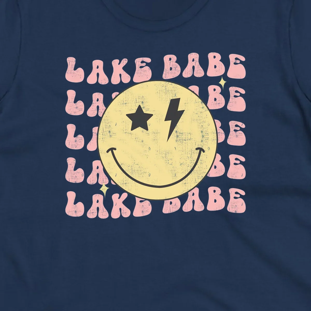 Retro lake babe smiley face graphic with groovy text.