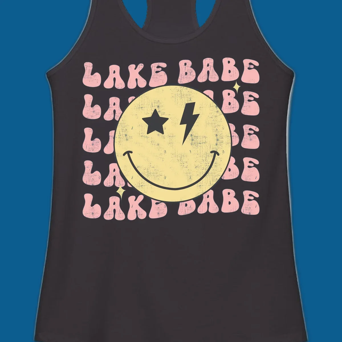 Retro lake babe smiley face graphic with groovy text.