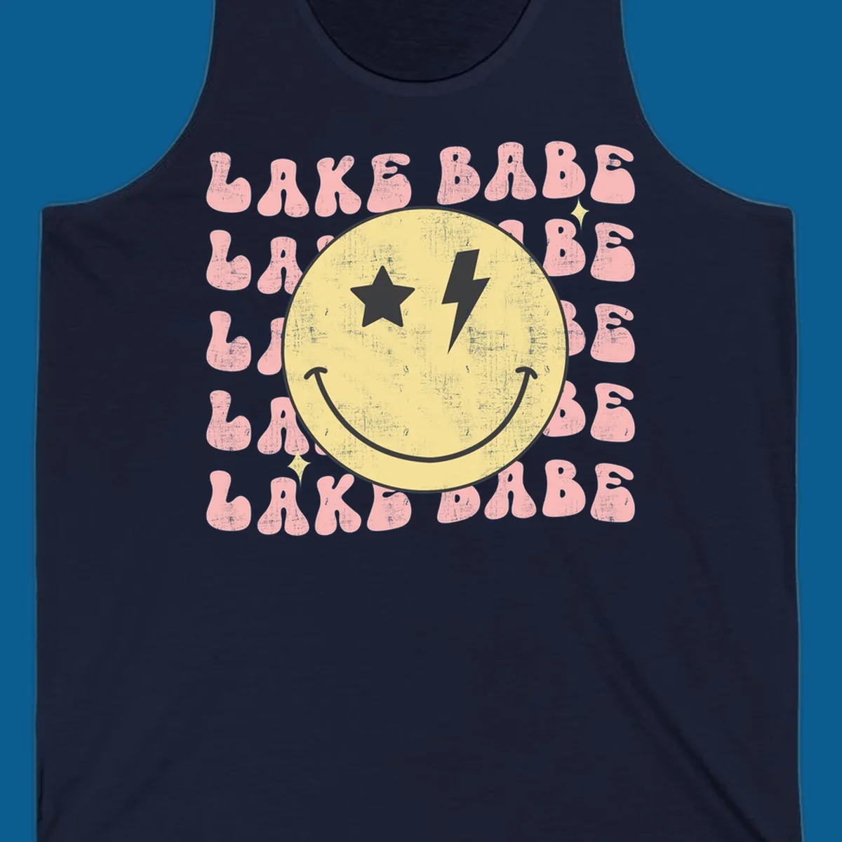 Retro lake babe smiley face graphic with groovy text.
