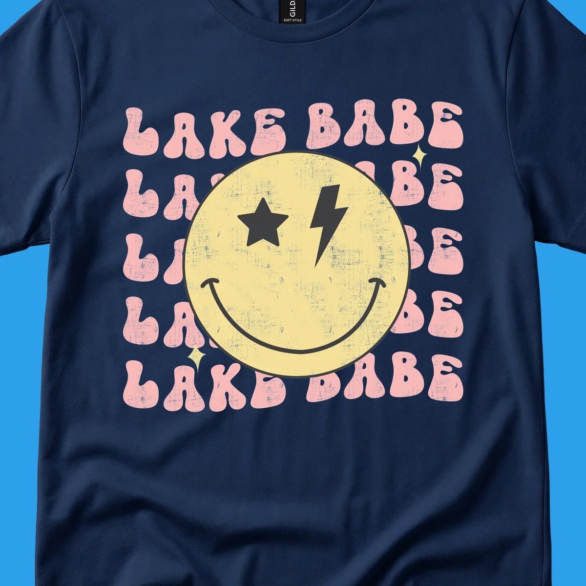 Retro lake babe smiley face graphic with groovy text.