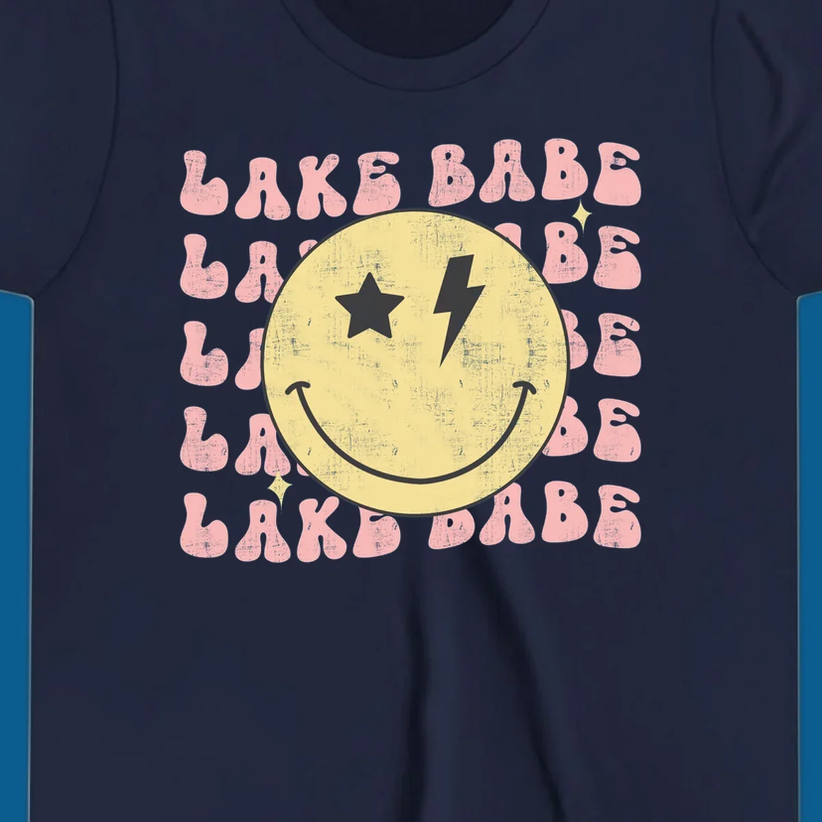 Retro lake babe smiley face graphic with groovy text.
