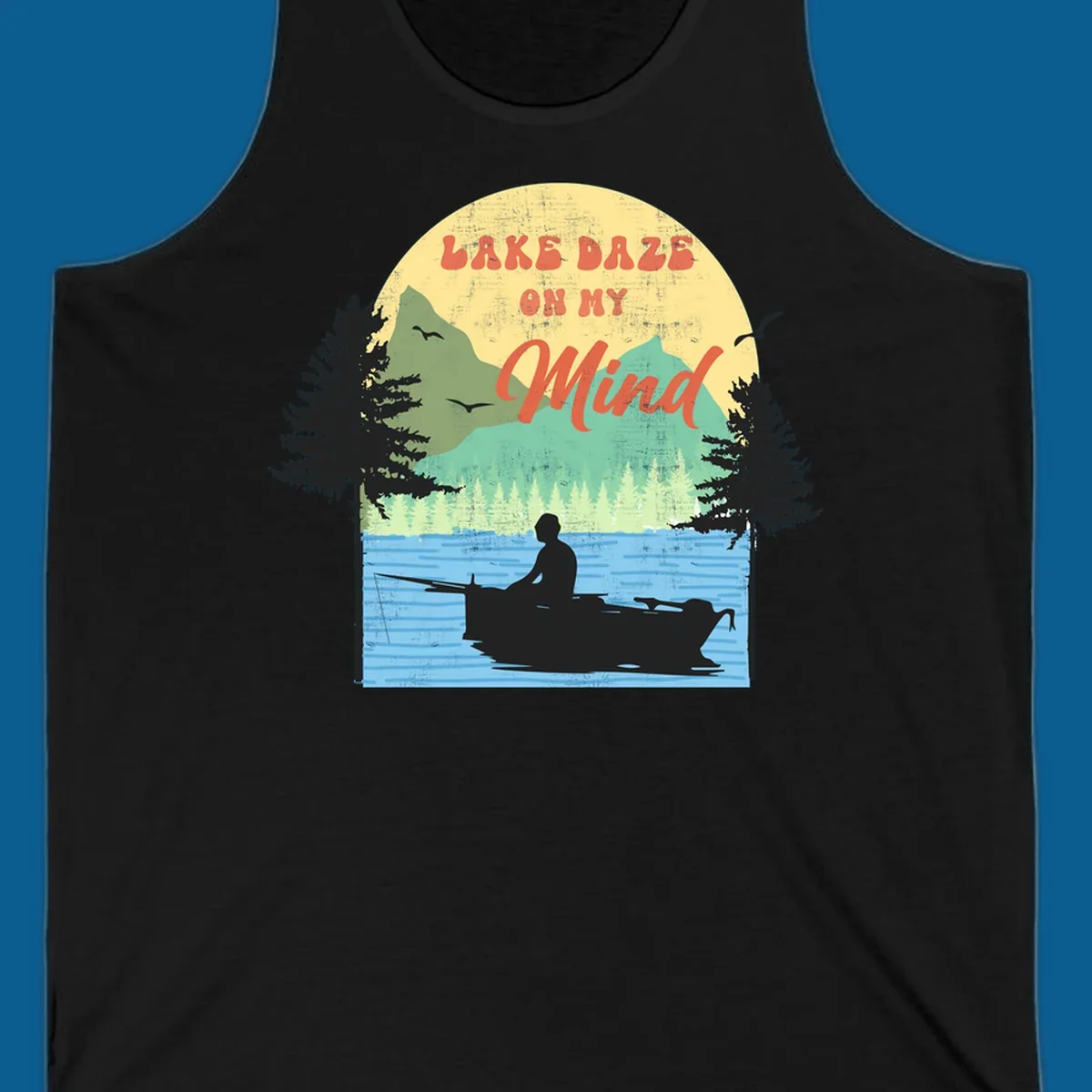 Lake daze fishing design featuring a person in a boat on a lake with trees and mountains.