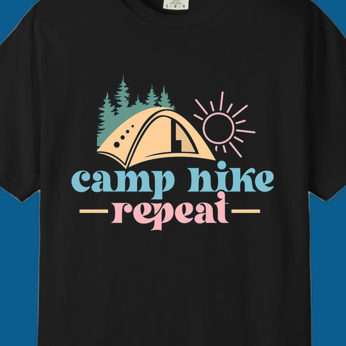 Camp hike repeat graphic with tent, trees, and sun.