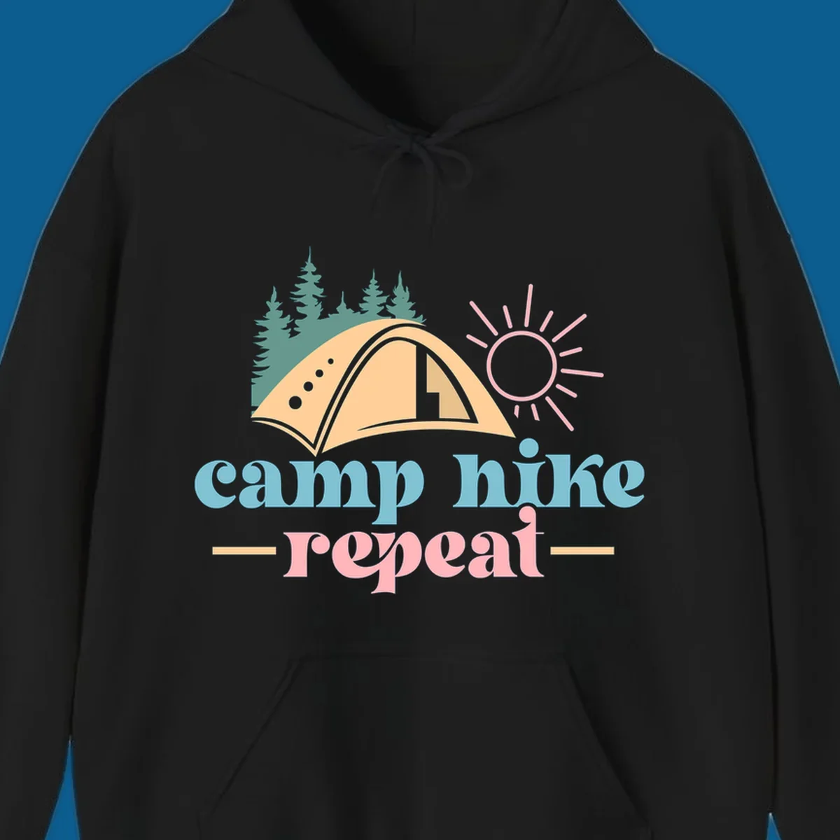 Camp hike repeat graphic with tent, trees, and sun.