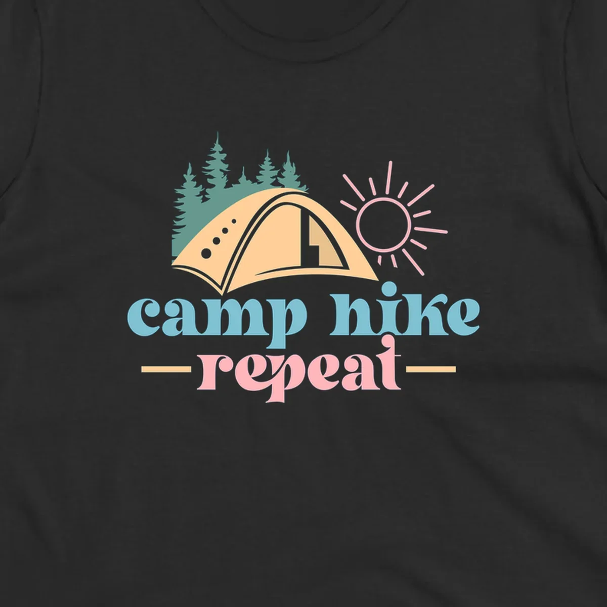 Camp hike repeat graphic with tent, trees, and sun.