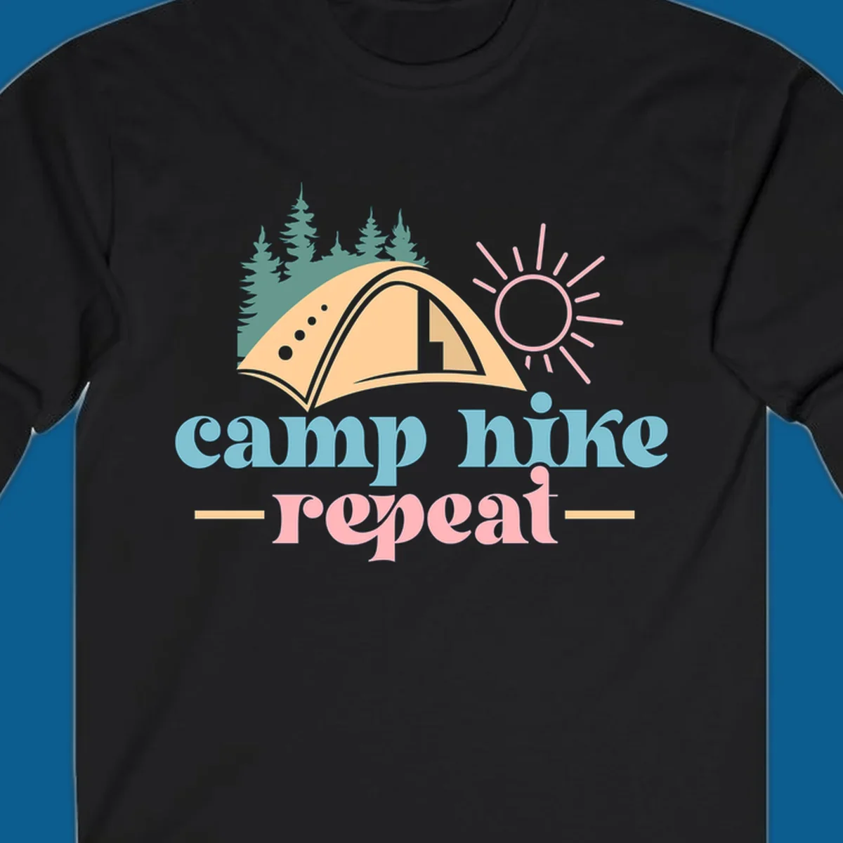 Camp hike repeat graphic with tent, trees, and sun.