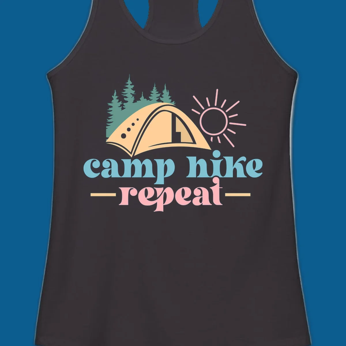 Camp hike repeat graphic with tent, trees, and sun.