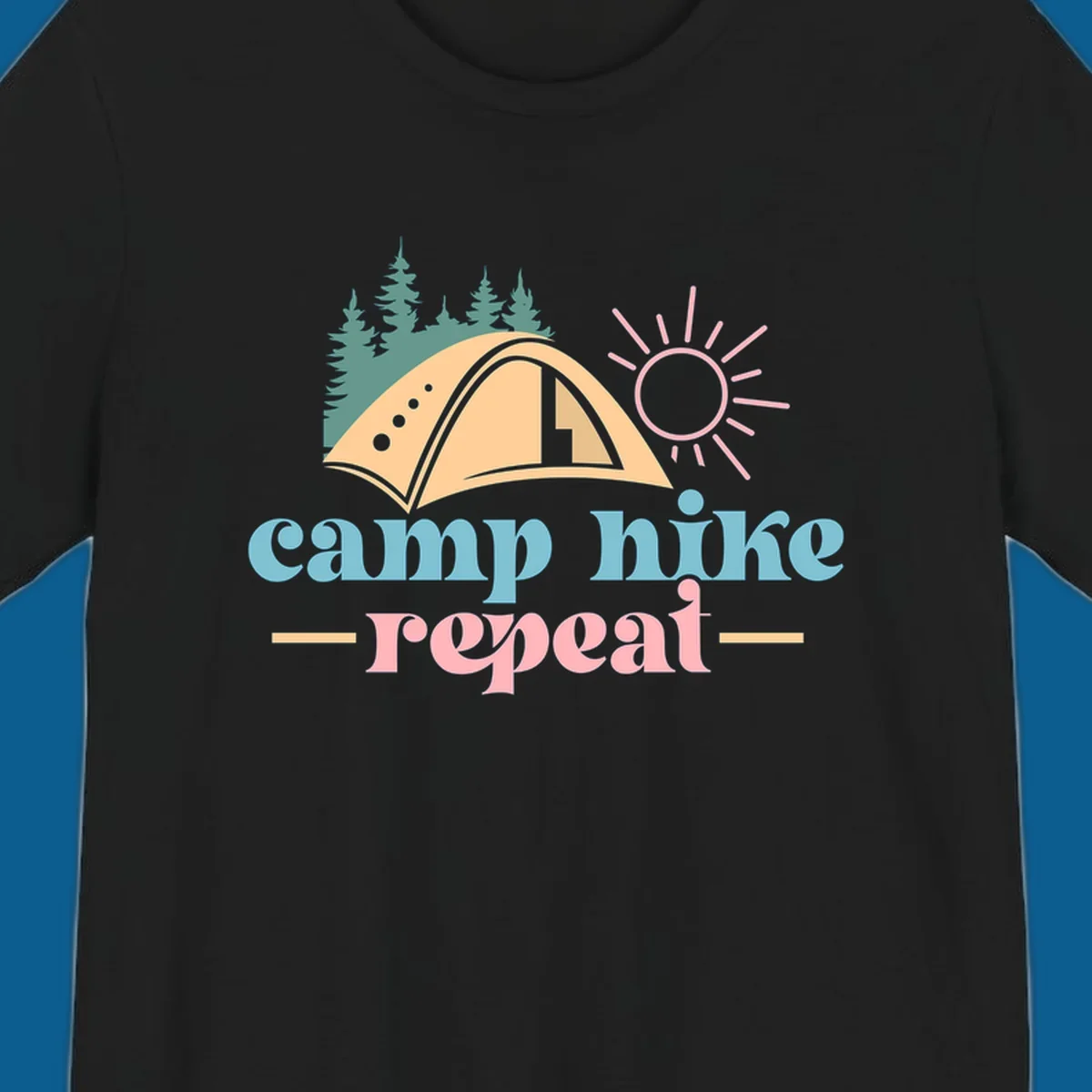 Camp hike repeat graphic with tent, trees, and sun.