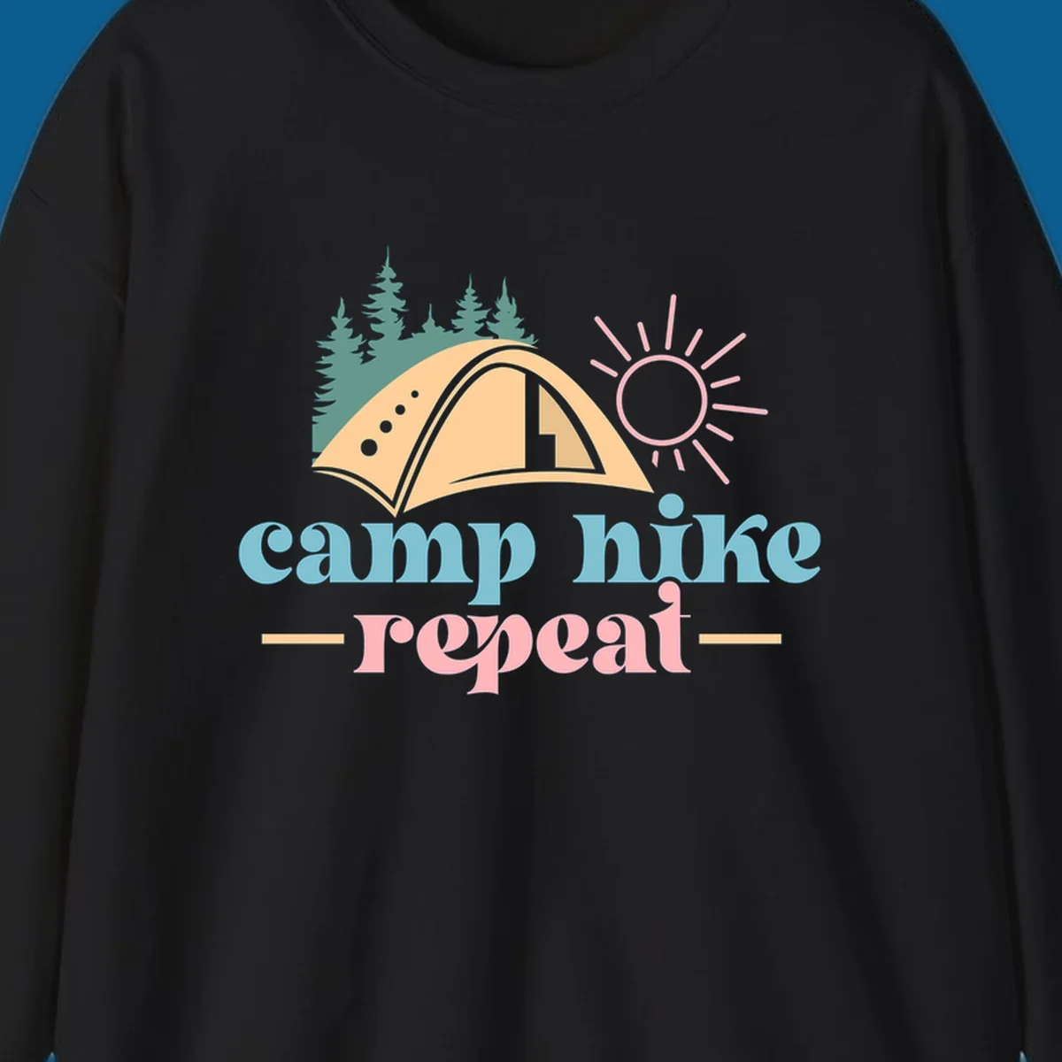 Camp hike repeat graphic with tent, trees, and sun.