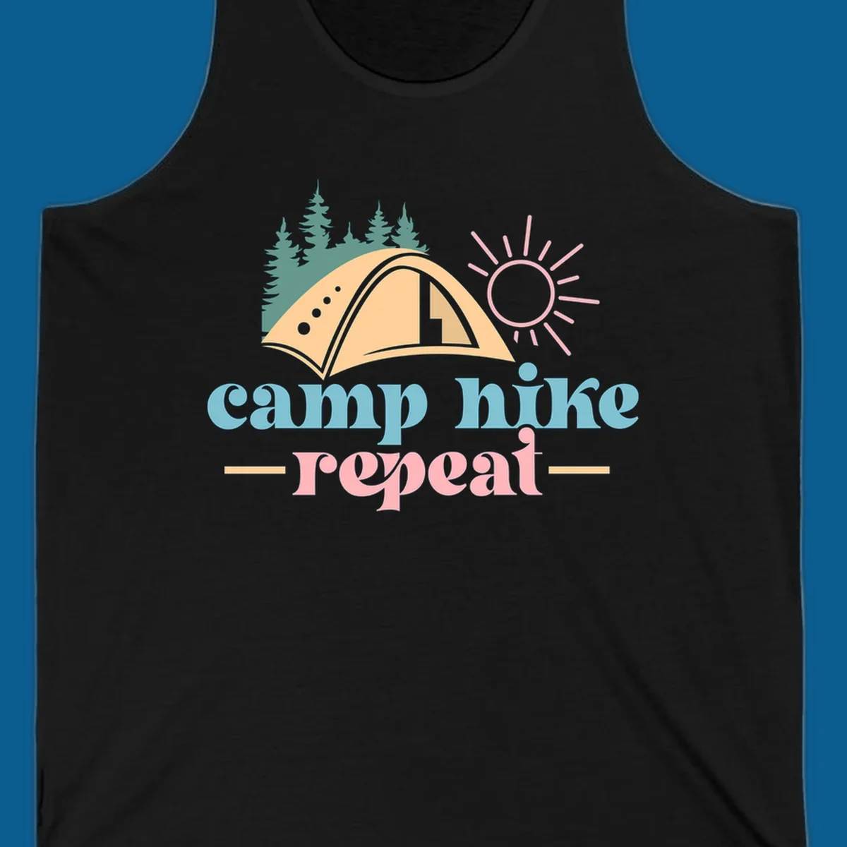 Camp hike repeat graphic with tent, trees, and sun.